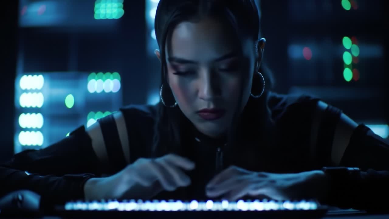 A determined hacker, immersed in a digital world, skillfully navigates the complexities of technology and coding under neon lights, reflecting intense focus and expertise