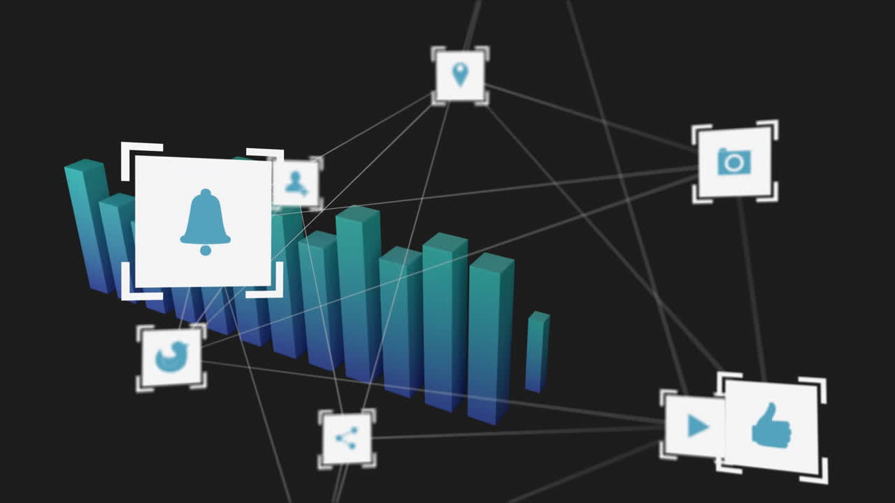 animación de la red de conexiones con íconos y procesamiento de datos estadísticos sobre fondo negro