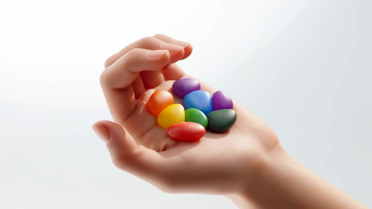 Close-up em movimento de uma mão apresentando chocolates confeitados coloridos na palma da mão em concha, enquanto os dedos envolvem delicadamente os pedaços, exibindo uma pegada protetora e unhas naturais bem cuidadas.