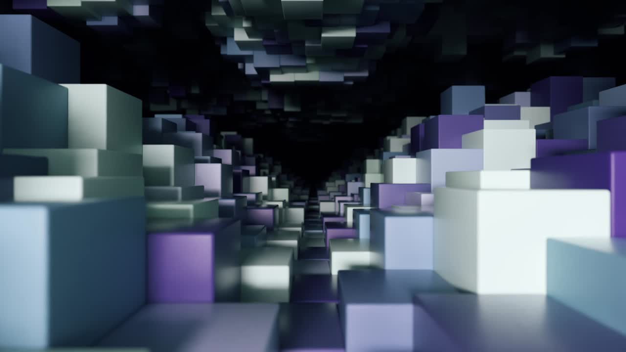 túnel geométrico abstracto hecho de cubos azules con movimiento aleatorio. bucle sin costuras 3d render