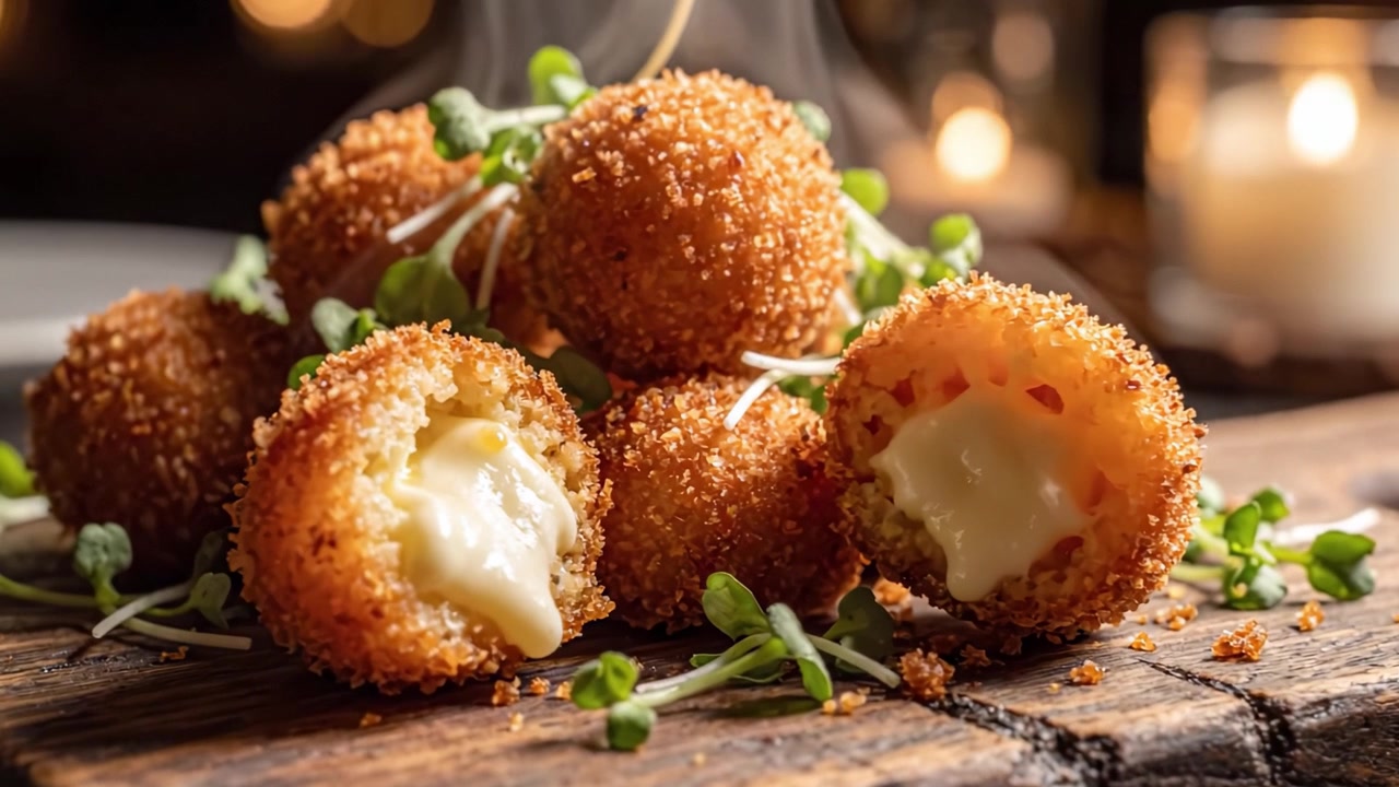 Bolinhas crocantes douradas, recheadas com queijo derretido, guarnecidas com microverdes frescos, ideais para aperitivos gourmet e festas memoráveis.