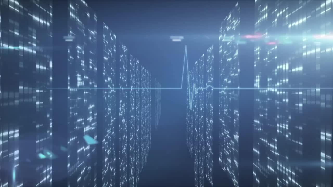 Animation of data processing over grid on blue background