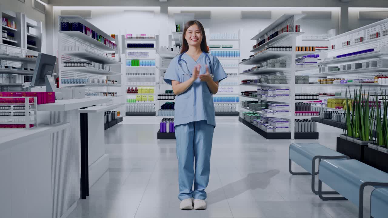 아시아 여성 의사가 스테토스코프를 들고 약국에서 손을 치고 있습니다.