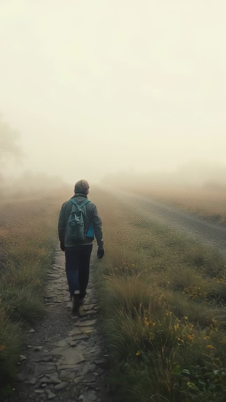 Vertical video: Hiking man moving along foggy path with camera starting, wearing coat and teal pack