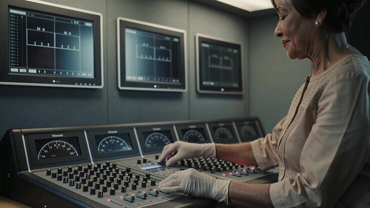 Responding to screens, Asian woman adjusting controls with gloved hands in control room, copy space