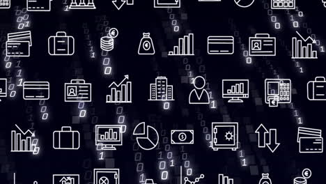 animation of business icons financial data processing over binary coding