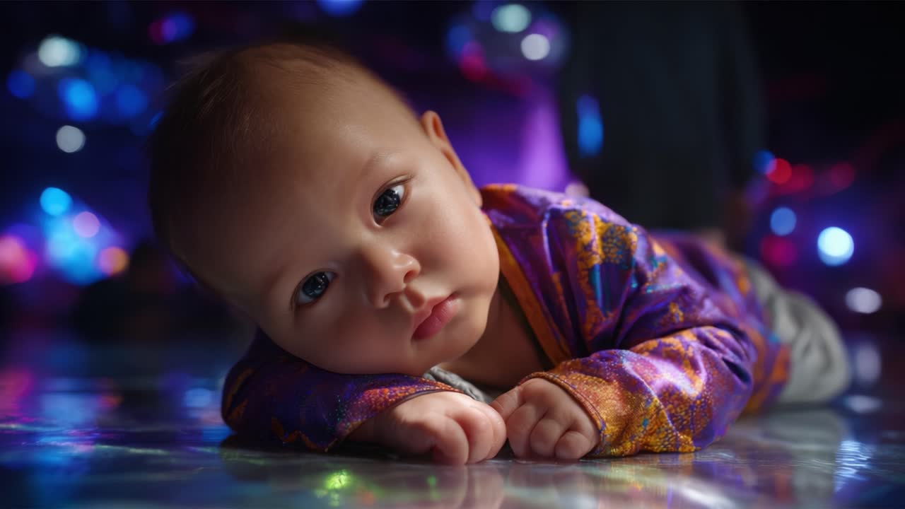 En nysgjerrig baby ser ettertenksomt ut i luften mens den ligger på en fargerik overflate, omsluttet av en levende bakgrunn av lys og refleksjoner, som utstråler uskyld og undring