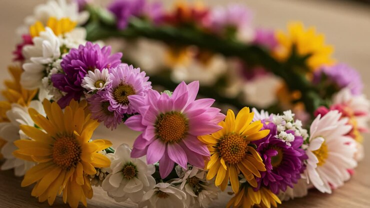 Una hermosa corona floral que muestra una variedad de flores coloridas, incluyendo margaritas, crisantemos y otras flores, perfecta para celebraciones y ceremonias.