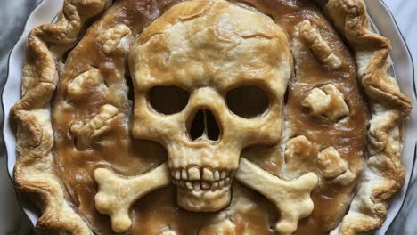 Smoke wafting over homemade halloween pie featuring dark skull and crossbones decoration, creating mysterious and spooky culinary atmosphere against white background