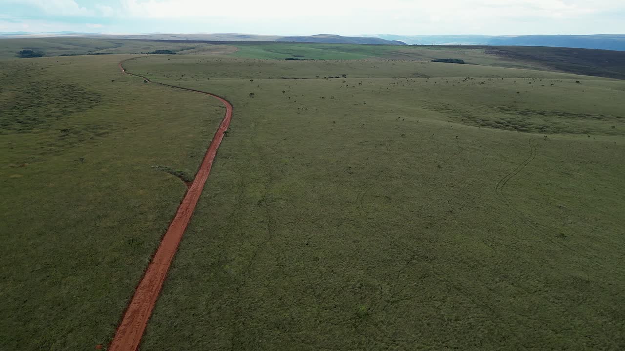 Aerial view of red dirt road through vast Pantanal landscape in Brazil