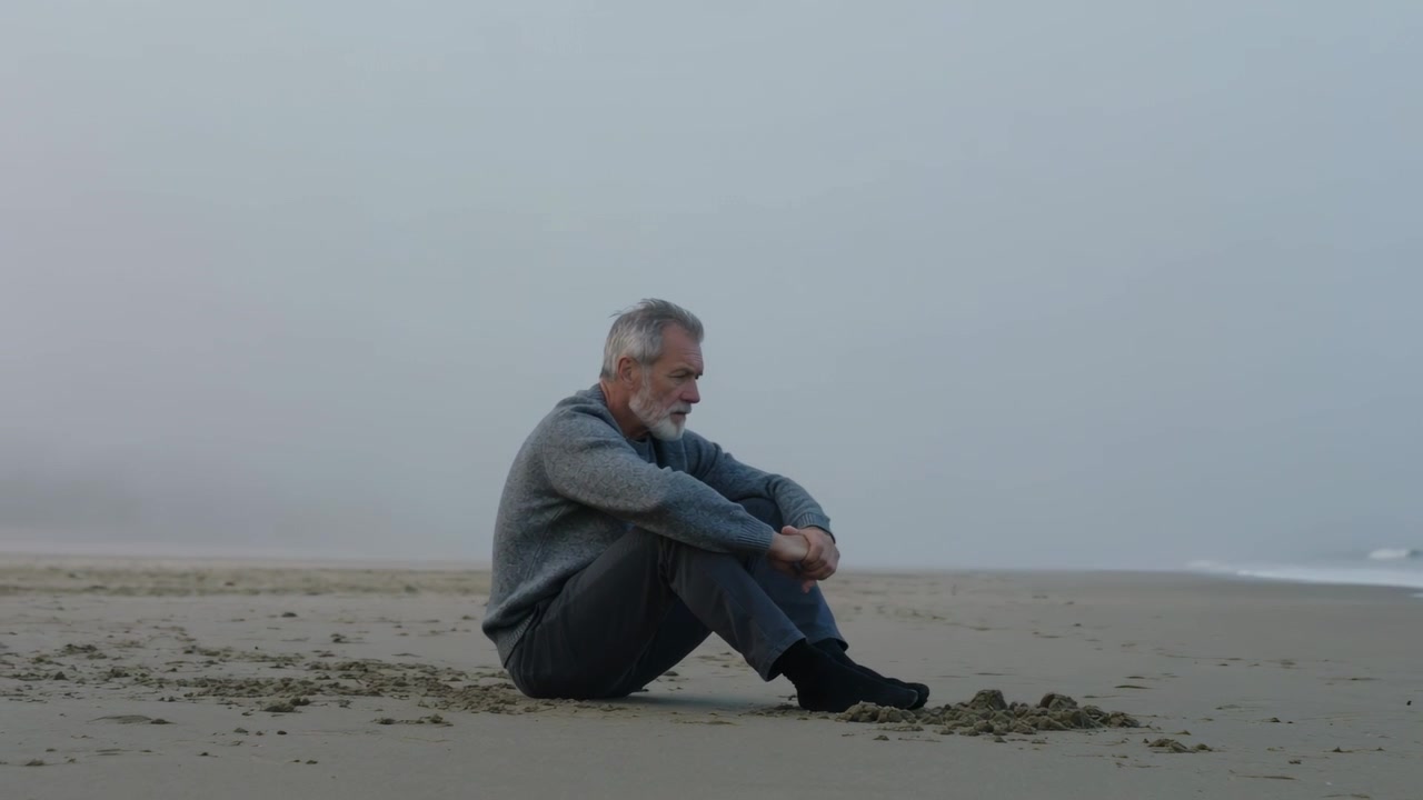 Recording starting, senior man sitting, moving posture and gaze on sandy beach, ocean, gray sweater