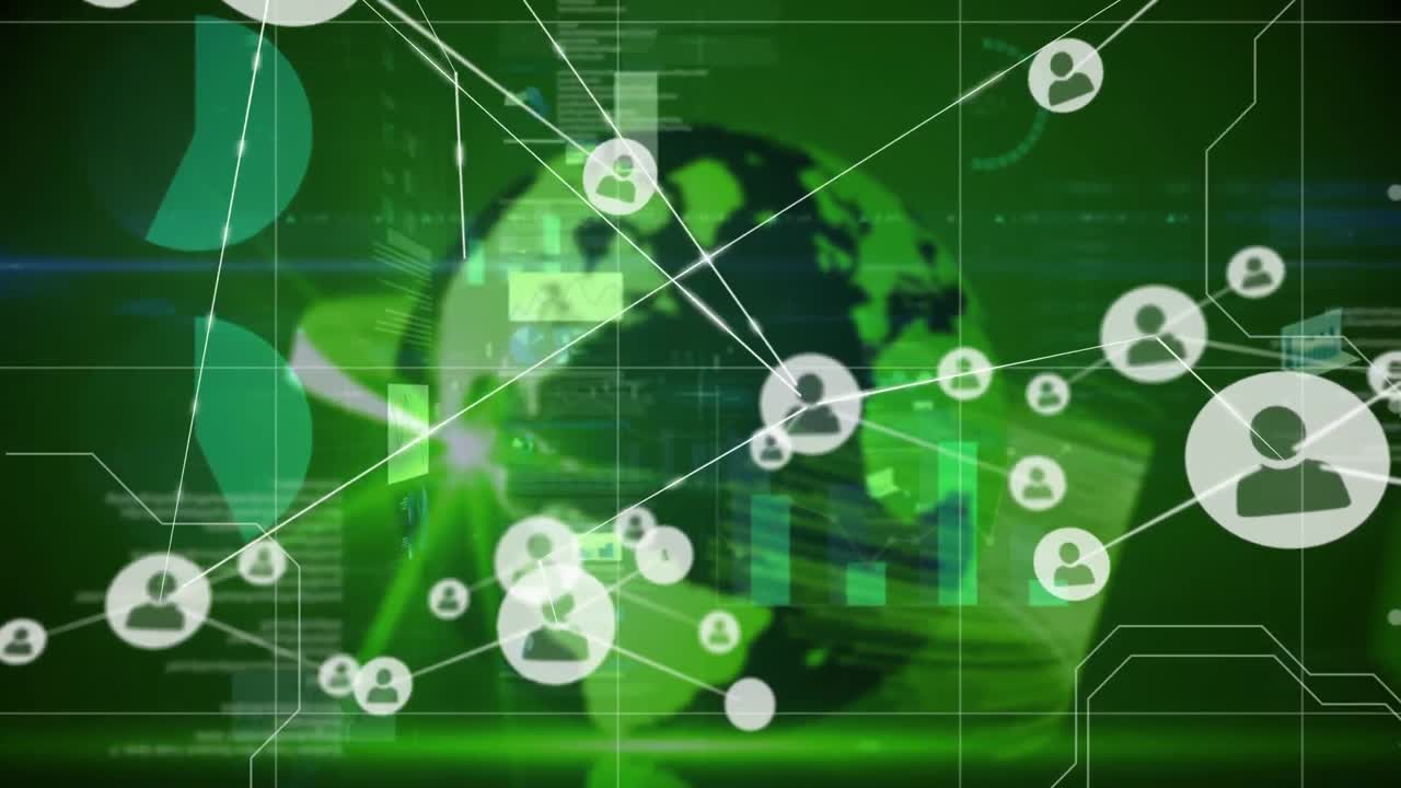 연결된 사람들의 아이콘의 애니메이션으로 움직이는 데이터와 정보가 회전하는 지구를 가로지르고 있습니다.