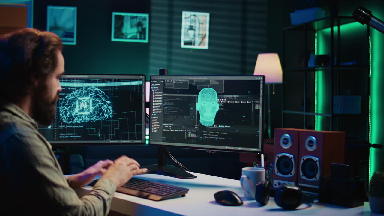 Programmer at home creating conscious AI superintelligence