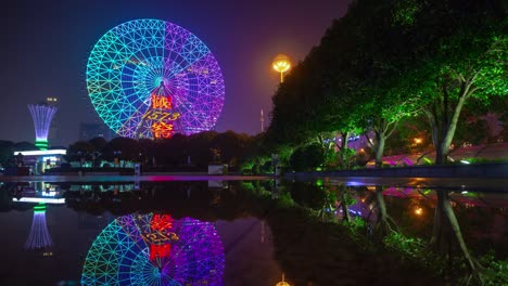 night time illuminated changsha city famous ferris wheel park water reflection panorama timelapse 4k china