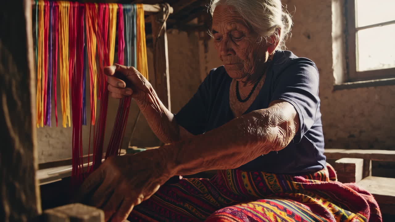 Elderly woman weaving on a loom
