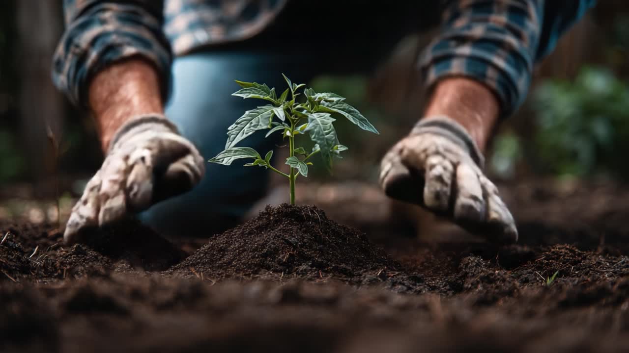 A Gardener's Care: Nurturing a Young Plant from Soil Preparation to Final Planting in a Vibrant Garden Environment