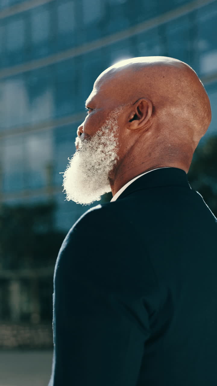 Thinking, black man and mature ceo in city