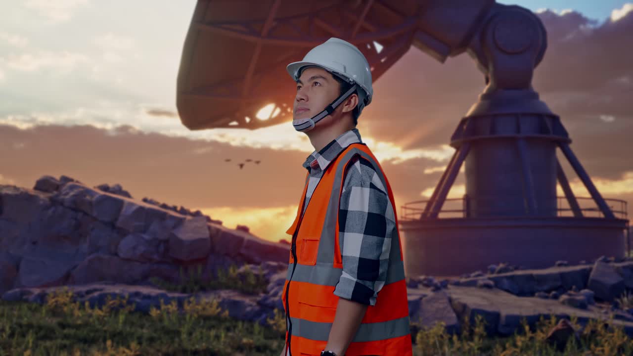 Side View Of Asian Male Engineer With Safety Helmet Looking Around While Standing With Large Satellite Dish