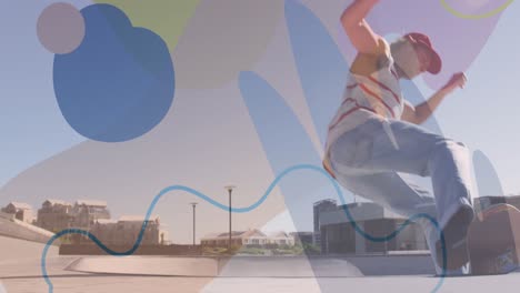 animación de puntos coloridos sobre el hombre caucásico patinando