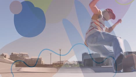 animation of colourful spots over caucasian man skateboarding