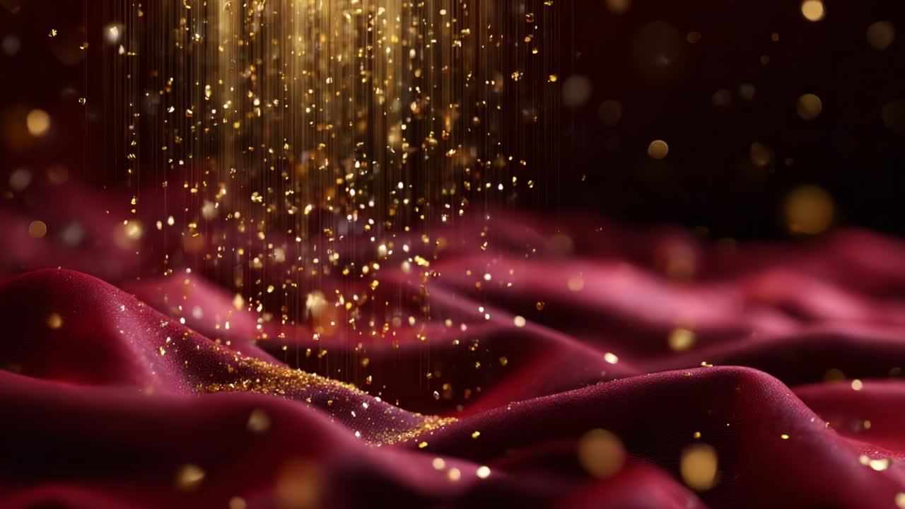 Particelle dorate e luccicanti scendono a cascata su un lussuoso tessuto cremisi, creando una straordinaria sinfonia visiva di luce e texture, evocando eleganza e opulenza in un'atmosfera cupa ma accattivante