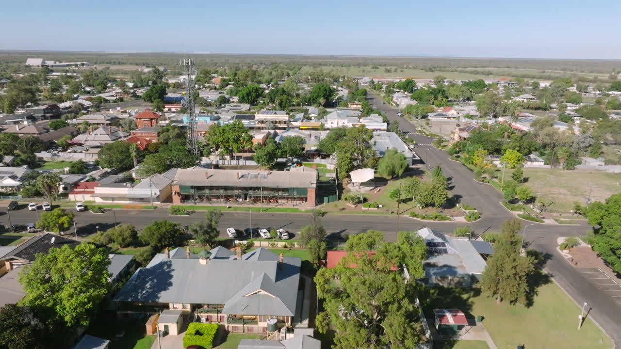 Aerial: Drone flying over Bourke town in Outback New South Wales, Australia