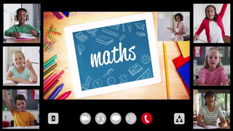 animation of interface screen with text, maths, teacher and six diverse children in online lesson