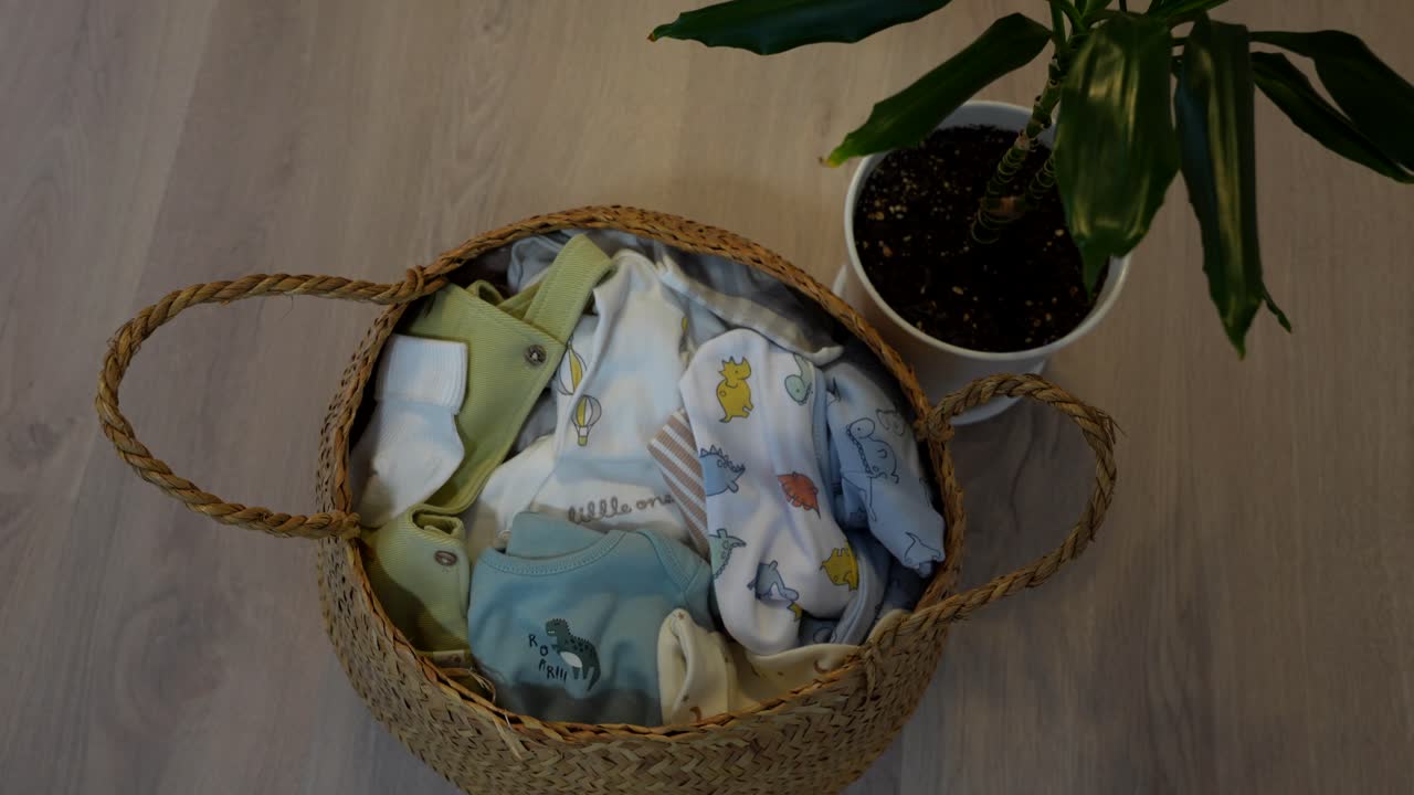 Basket of baby clothes beside indoor Dracaena plant, cozy home setting. Tilt-down shot