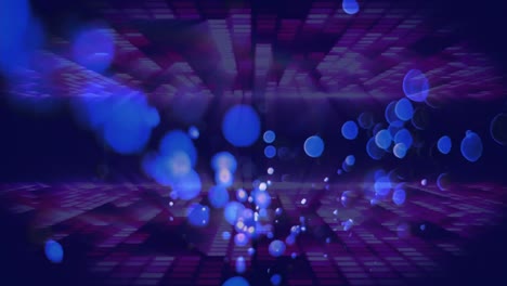 animation of flashing light walls and blue spots of light on dancefloor of venue