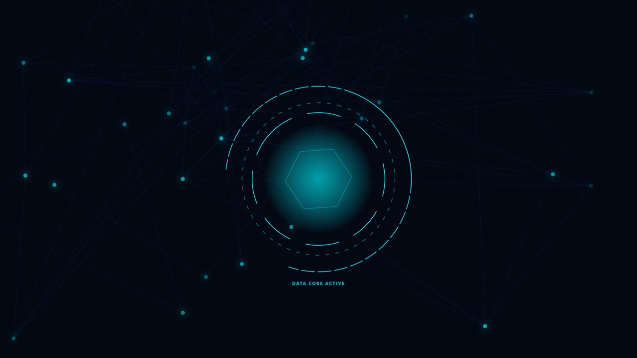Futuristic Digital Data Core Interface with Glowing Hexagon