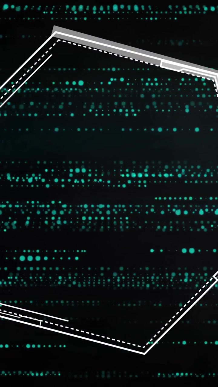 Hexagonal frame with digital data processing animation over dark background