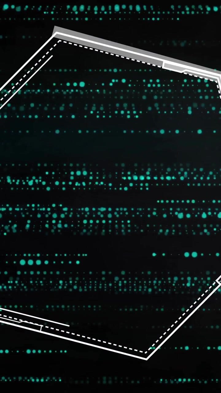 Hexagonal frame with digital data processing animation over dark background