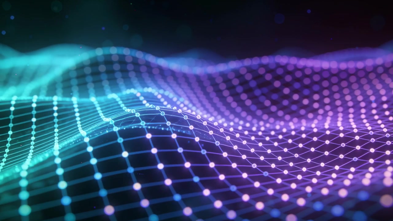 Animation starting glowing mesh with nodes and ridges undulating in CGI 3D space representing flow