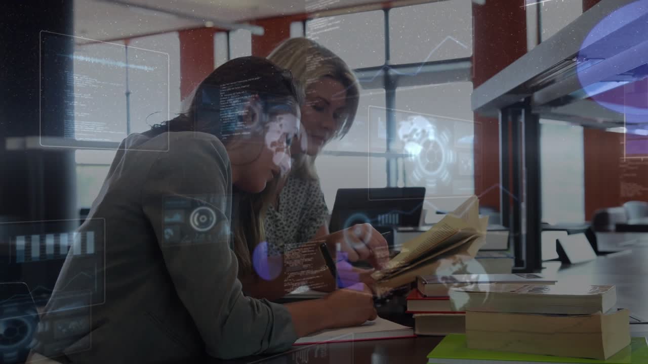 Mentor pointing to open book and initiating student writing for education, HUD overlay emerging