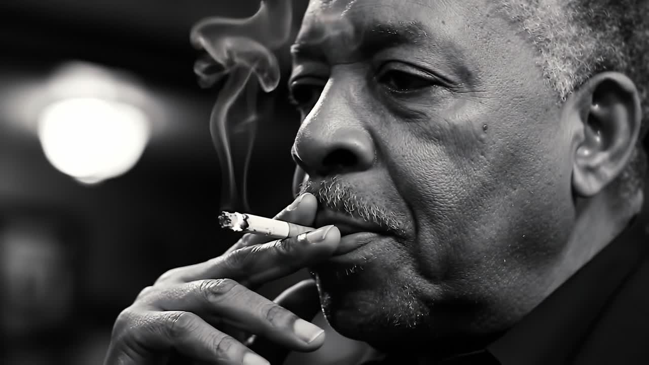 A man sits calmly in a cozy cafe, smoke curling from his cigarette. The warm glow of soft lighting creates an inviting atmosphere. He reflects while savoring his moment of solitude.
