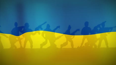 animation of flag of ukraine over soldiers silhouettes