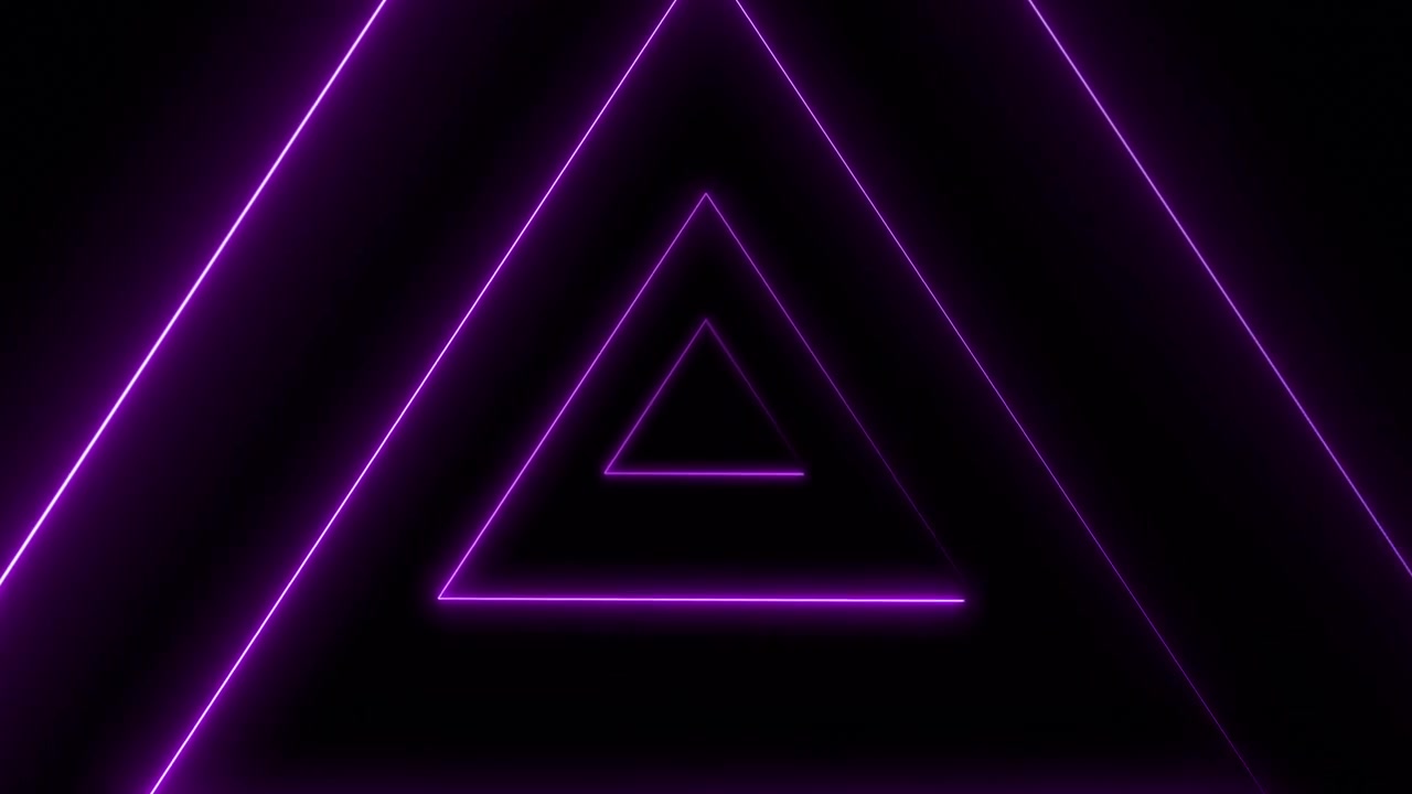 3D Moving Through Glowing Purple Triangle Tunnel with Animated Light Lines on Black Background. Use Add, Screen Blending Modes to Overlay.
