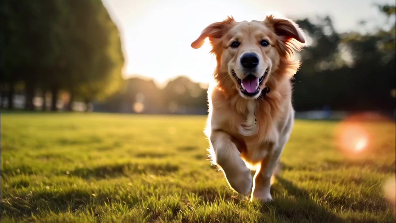 Golden Retriever Running Happily Through a Sunny Park