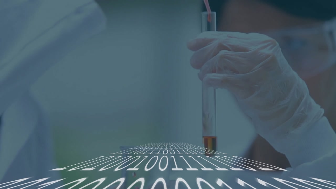 Hands pipetting red fluid into test tube for lab test, binary overlay intensifying color change