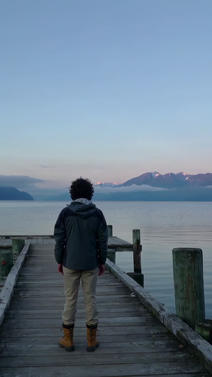 Vertical video: Soft light drawing man in hoodie and boots standing on pier, viewing mountains