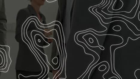 animation of white map lines over businessman handshake