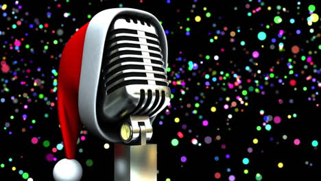 animación de luces coloridas brillantes sobre el micrófono con sombrero de navidad en un fondo oscuro