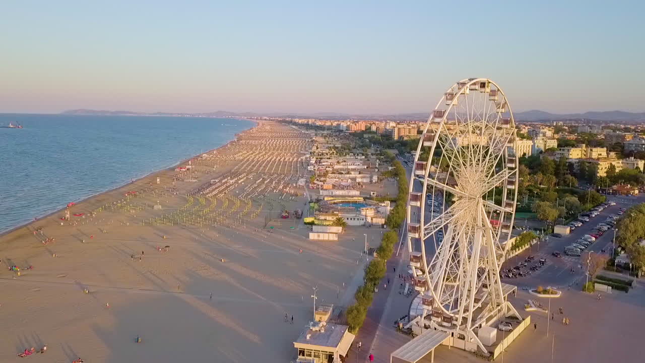 Aerial Panorama Of Popular Adriatic Beach Of Rimini In Emilia Romagna, Italy - drone shot