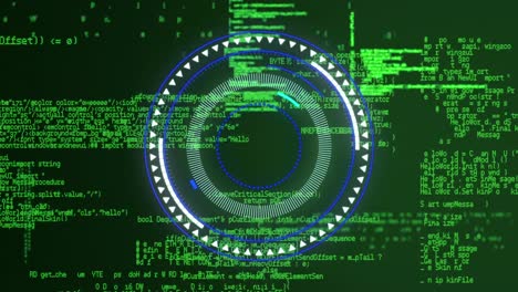 animation of spinning neon round scanner and data processing against green background