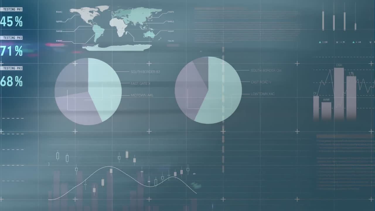 Animation of infographic interface over low angle view of ceiling of office