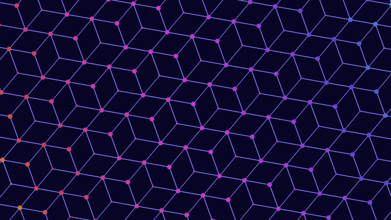 Seamless abstract technology background featuring a glowing hexagon mesh and connected nodes with neon purple to blue gradient, ideal for digital network and data visuals