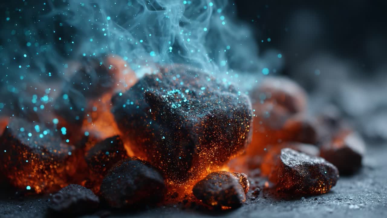 Uno sguardo alla bellezza infuocata delle braci ardenti: scintille accattivanti e fumo luminoso che danzano tra le ceneri in un primo piano visivamente suggestivo