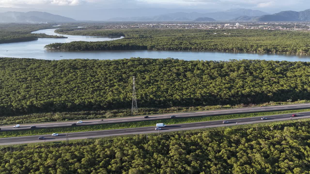 Sunset Road At Itanhaem In Sao Paulo Brazil. Coast City Skyline. Atlantic Forest Landscape. Highway Road. Sunset Road At Itanhaem In Sao Paulo Brazil. Nature Sunset