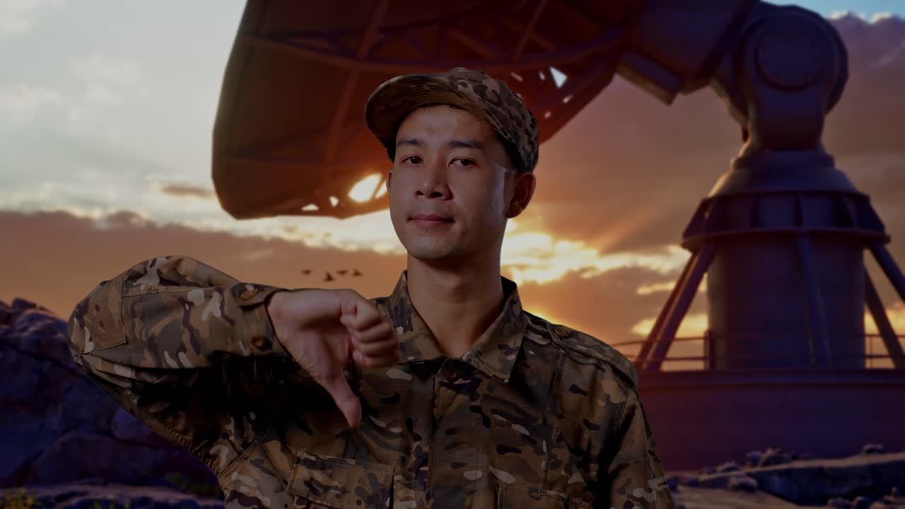 Close Up Of Asian Man Soldier Showing Thumbs Down Gesture To Camera While Standing With Satellite Dish