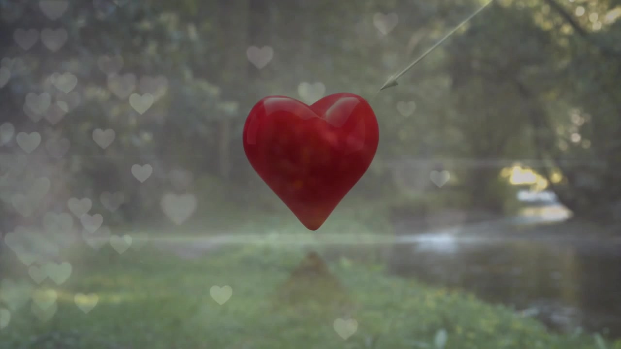 Cuore sospeso su uno stagno, trafitto da un'asta da sinistra, con un nucleo intrecciato che mostra frammenti che si disperdono